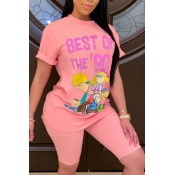 Lovely Leisure Cartoon Print Ligh Pink Two-piece S