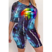 Lovely Casual Lip Print Blue Two-piece Shorts Set