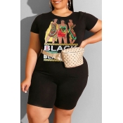 Lovely Casual Print Black Plus Size Two-piece Shor