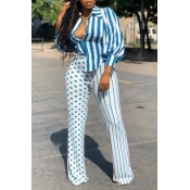 Lovely Casual Striped Print Blue Two-piece Pants S