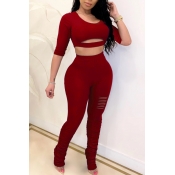 Lovely Leisure Hollow-out Wine Red Two-piece Pants