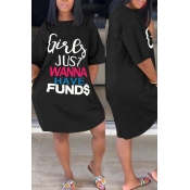 Lovely Plus Size Casual Letter Black Knee Length D