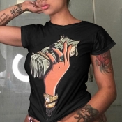 Lovely Casual O Neck Print Black Plus Size T-shirt