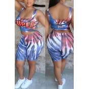 Lovely Leisure Letter Print Blue Two-piece Shorts 