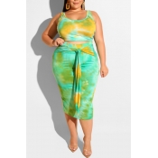 Lovely Trendy Tie-dye Green Plus Size Two-piece Sk