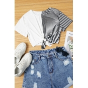 Lovely Casual Striped Patchwork Black And White T-