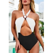 Lovely Patchwork Black And White One-piece Swimsui