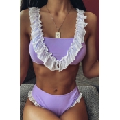 Lovely Flounce Design Purple Two-piece Swimsuit