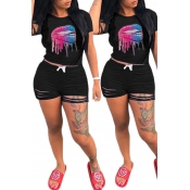 Lovely Leisure O Neck Lip Print Black Two-piece Sh