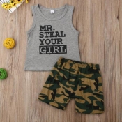 Lovely Leisure Letter Print Grey Boy Two-piece Sho