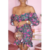 LW Off The Shoulder Floral Print Flounce Design Dr