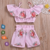 lovely Stylish Floral Print Pink Girl Two-piece Sh