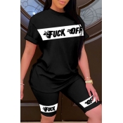 Lovely Leisure O Neck Letter Print Black Two-piece