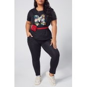 lovely Casual O Neck Print Black Plus Size Two-pie