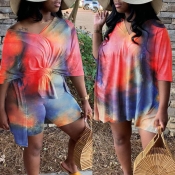 Lovely Casual O Neck Tie-dye Red Plus Size Two-pie
