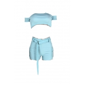 Lovely Casual Off The Shoulder BabyblueTwo-piece S
