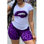 LW Casual Print Purple Two-piece Shorts Set