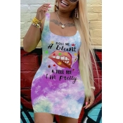lovely Casual Lip Print Purple Mini Dress