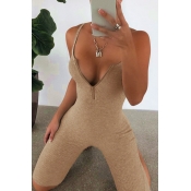 Lovely Sportswear Zipper Design Khaki One-piece Ro