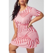 Lovely Leisure Striped Print Red Knee Length Plus 