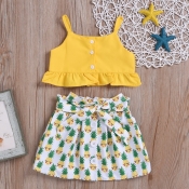 lovely Sweet Print Yellow Girl Two-piece Skirt Set