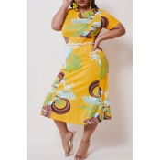 lovely Casual Print Yellow Mid Calf Plus Size Dres