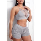 lovely Sportswear Hollow-out Grey Two-piece Shorts