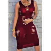 Lovely Sexy Hollow-out Wine Red Knee Length Dress
