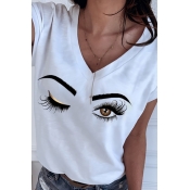 Lovely Casual V Neck Eye Print Black T-shirt