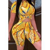 lovely Leisure Print Yellow Plus Size Two-piece Sh
