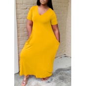lovely Casual V Neck Basic Yellow Ankle Length Dre
