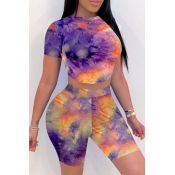 lovely Casual O Neck Tie-dye Purple Two-piece Shor