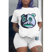 lovely Casual O Neck Cartoon Print White Two-piece