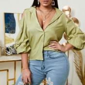 lovely Trendy Hollow-out Green Blouse