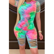 Lovely Trendy Tie-dye Hollow-out Green Plus Size T