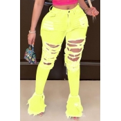 Lovely Trendy Hollow-out Yellow Plus Size Jeans