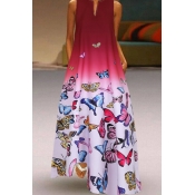 lovely Casual Butterfly Print Rose Red Maxi Plus S