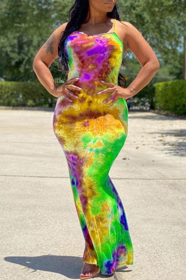 

lovely Casual Spaghetti Strap Tie-dye Print Yellow Maxi Dress