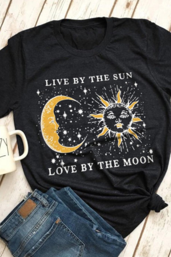

lovely Casual O Neck Moon Print Black T-shirt