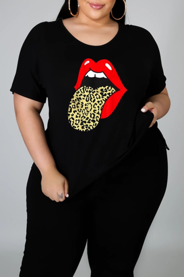 

lovely Leisure O Neck Lip Print Black Plus Size T-shirt