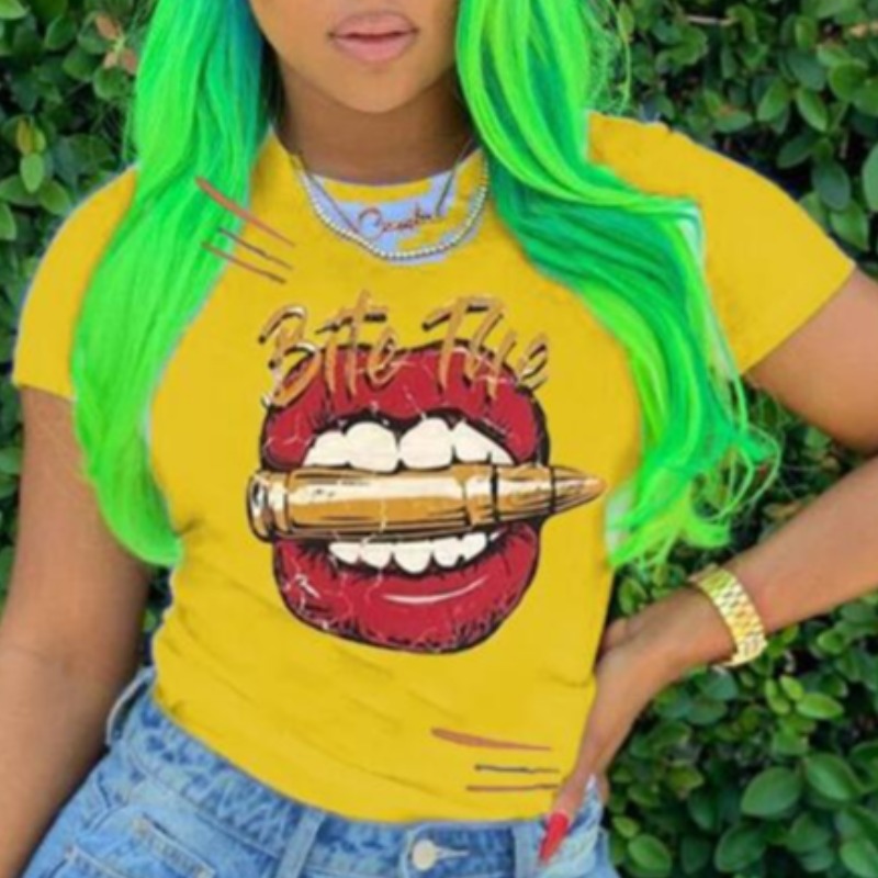 

lovely Casual O Neck Lip Print Yellow T-shirt