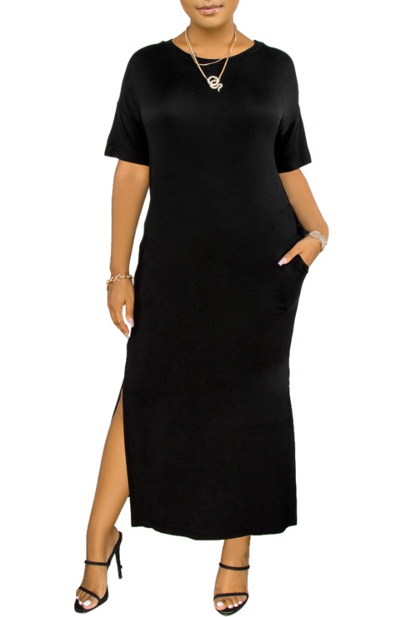 

lovely Casual O Neck Side Split Black Mid Calf Dress