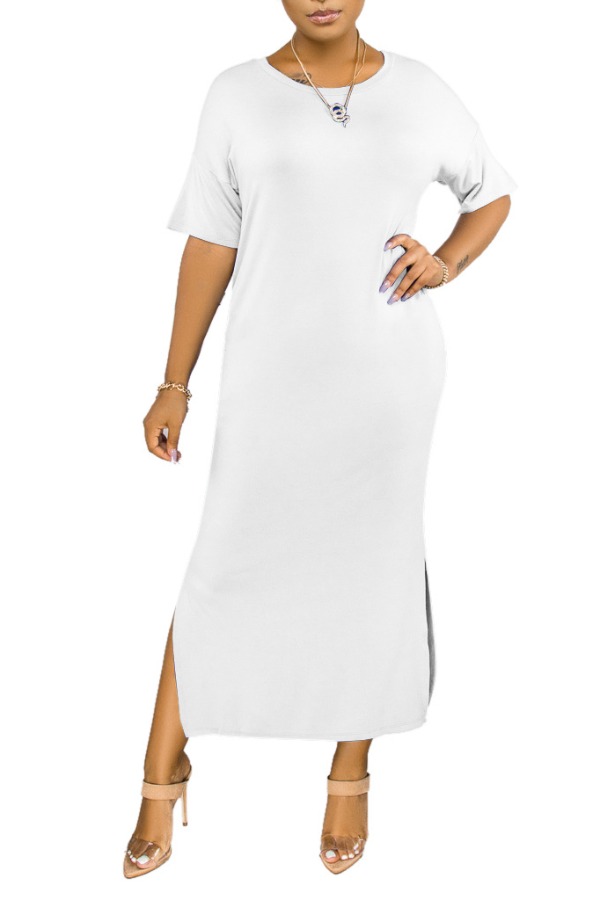 

lovely Casual O Neck Side Split White Ankle Length Dress