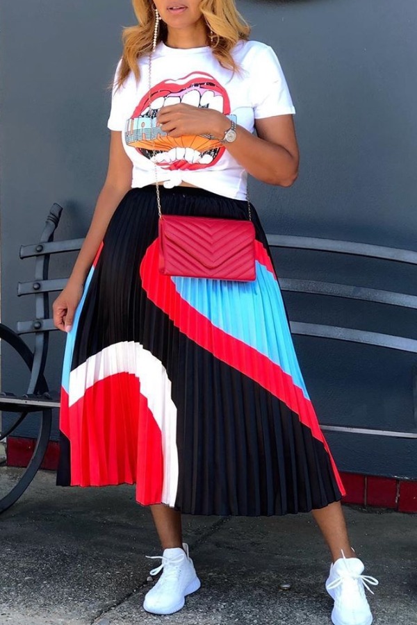 

Lovely Stylish O Neck Print Patchwork Black Two-piece Skirt Set