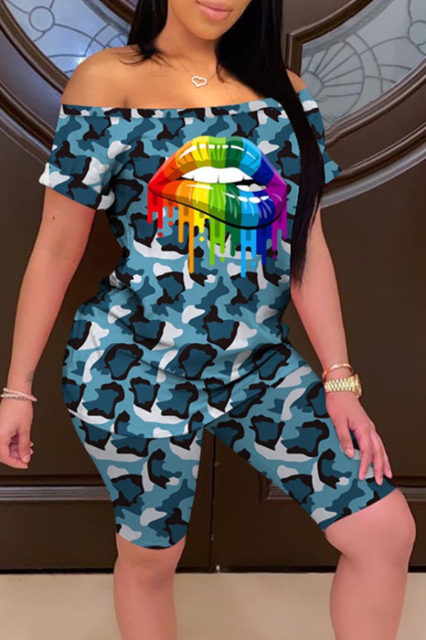 

lovely Casual Camo Print Blue Plus Size Two-piece Shorts Set