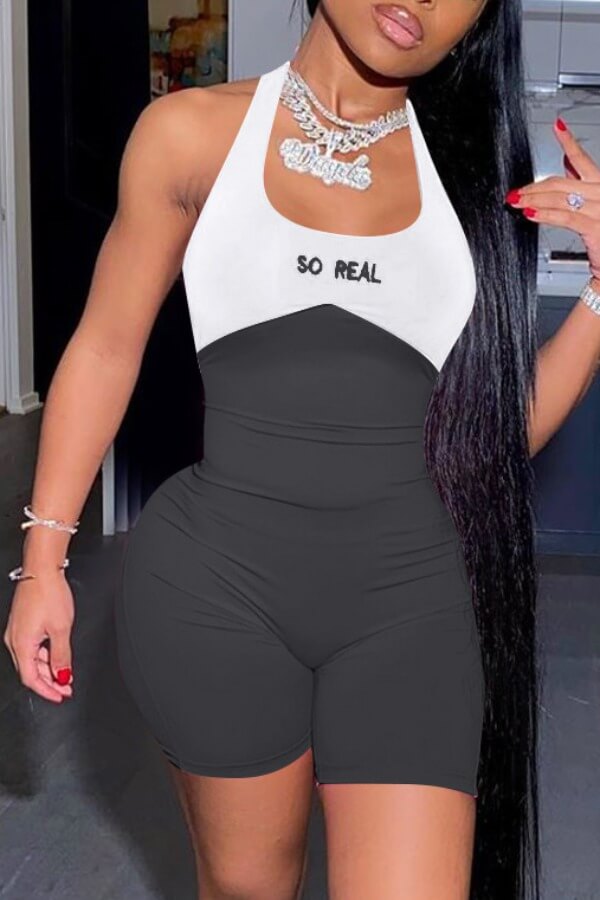 

Lovely Sexy Patchwork Backless Black One-piece Romper