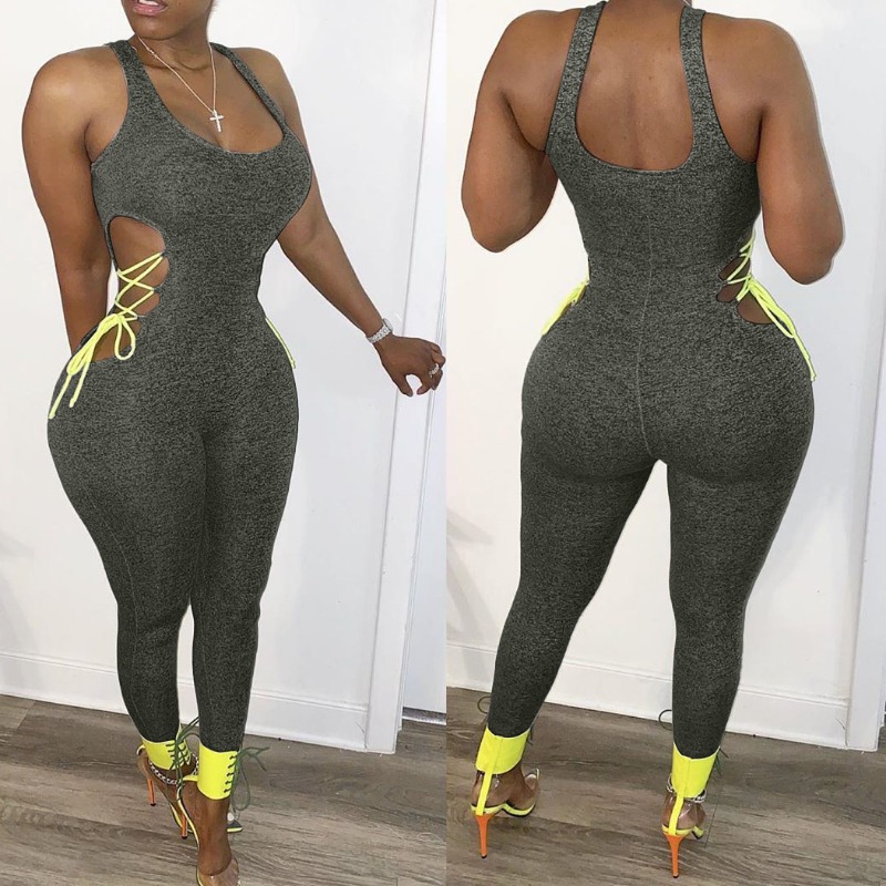 

lovely Sexy Lace-up Dark Grey One-piece Jumpsuit