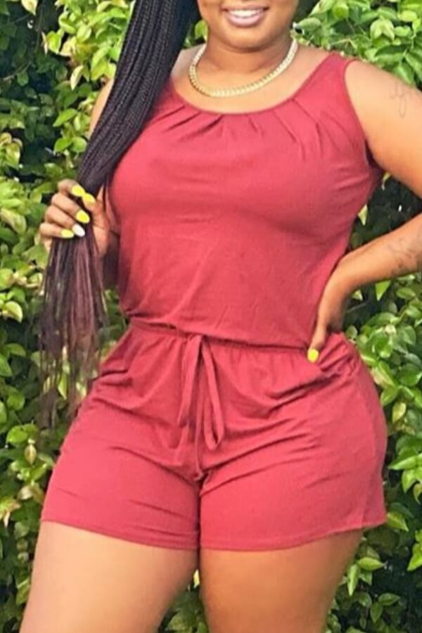 

Lovely Casual O Neck Drawstring Design Wine Red One-piece Romper