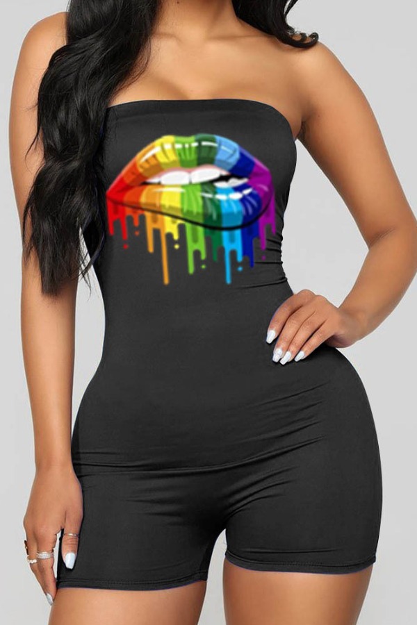 

lovely Bohemian Dew Shoulder Print Black One-piece Romper