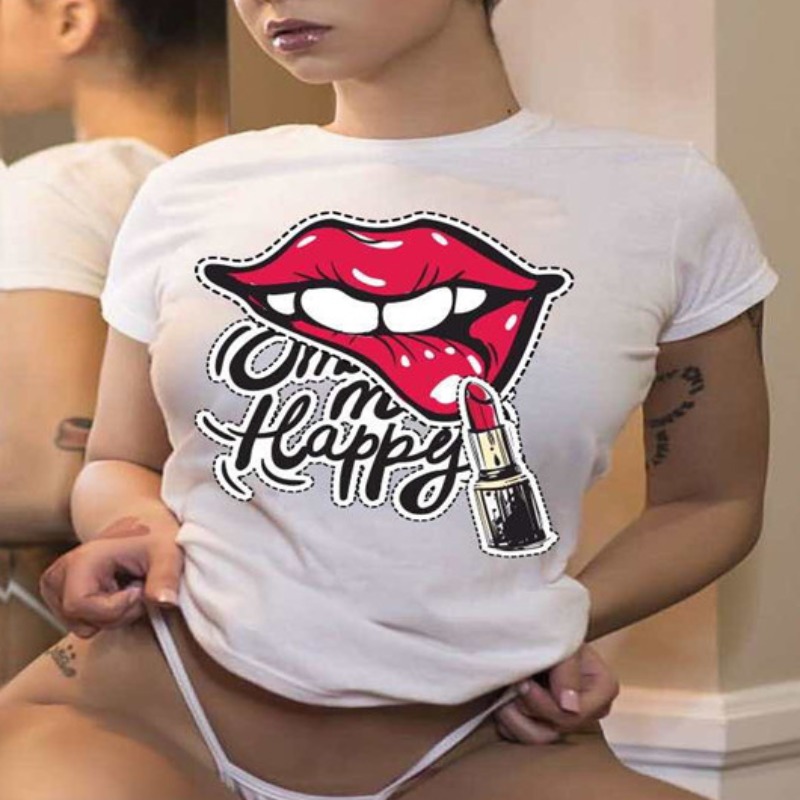 

lovely Casual O Neck Lip Print White T-shirt